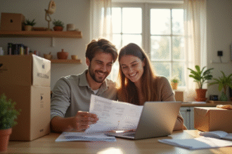 Jeune couple souriant à la cuisine avec reçus et cartons pour déménagement