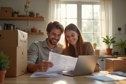 Jeune couple souriant à la cuisine avec reçus et cartons pour déménagement