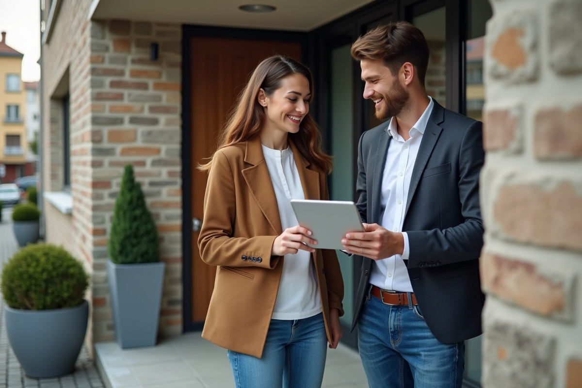 Jeune couple souriant devant une entrée d