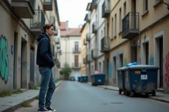 Jeune homme en jeans et hoodie dans une rue urbaine à Chambéry