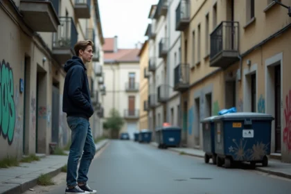 Jeune homme en jeans et hoodie dans une rue urbaine à Chambéry