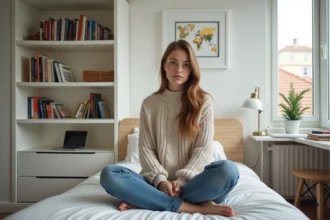 Jeune étudiante assise sur son lit dans une chambre modeste à Bayonne