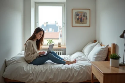 Jeune femme assise sur un lit dans une petite chambre urbaine