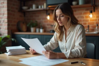 Jeune femme examine un contrat de location dans une cuisine urbaine