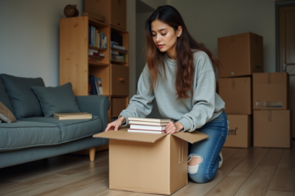 Jeune femme emballant ses livres dans une boîte en carton dans un appartement