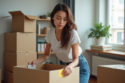 Jeune femme emballant un carton dans un appartement lumineux