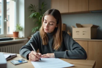 Jeune femme signant un document dans un appartement moderne