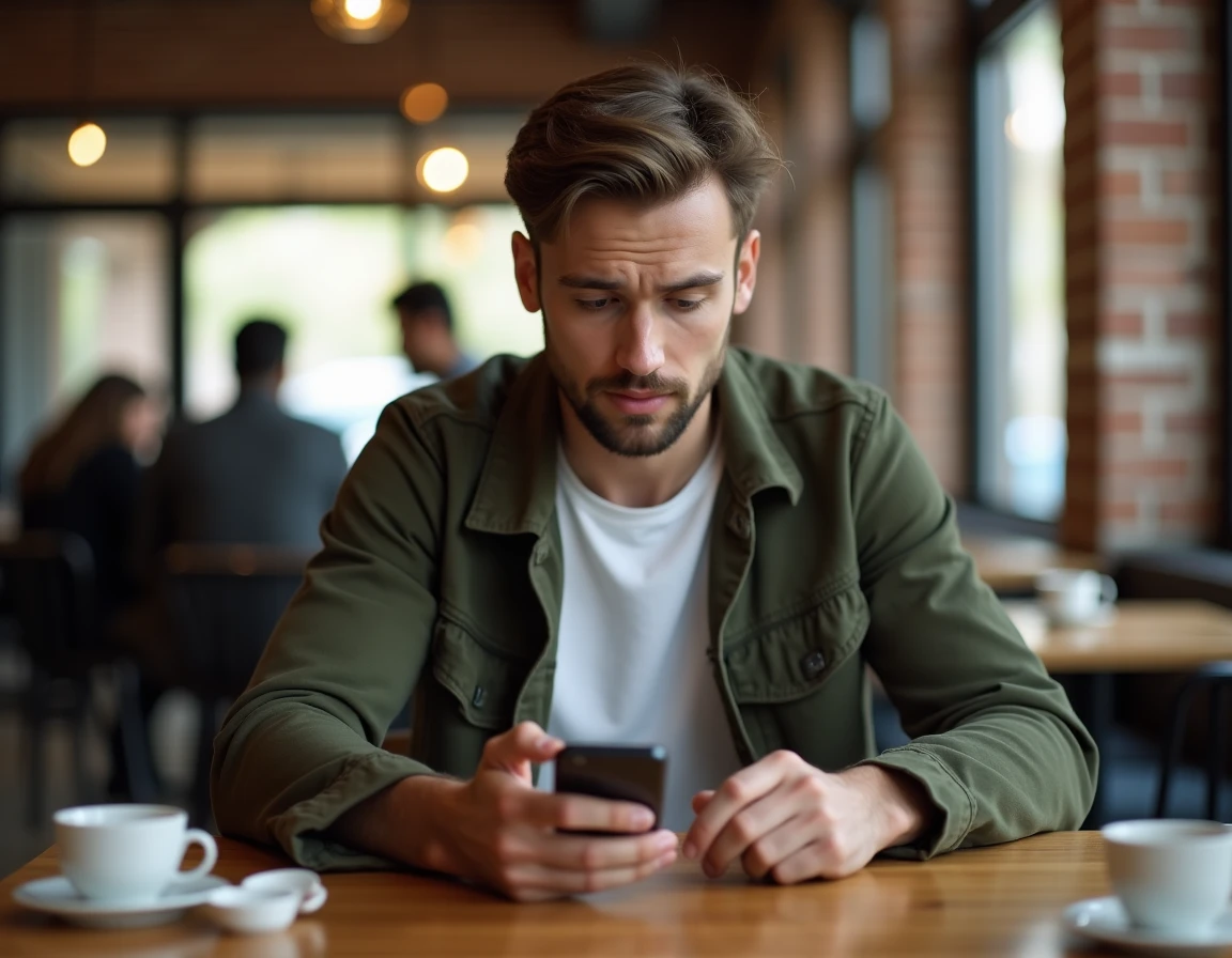Jeune homme lisant des avis d'utilisateurs sur Bim vup depuis son smartphone dans un café urbain