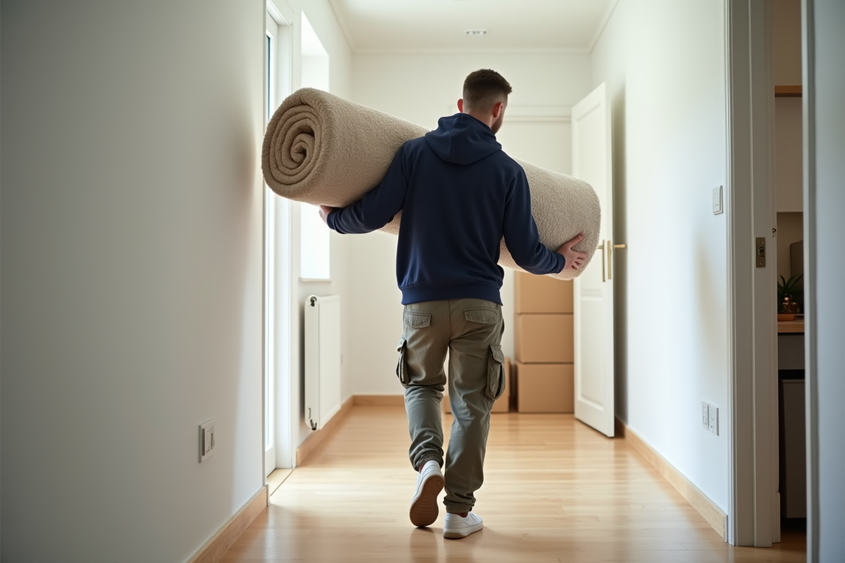 Jeune homme portant un tapis dans un couloir moderne