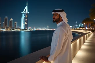 Jeune homme Emirati regardant la skyline de Dubai la nuit