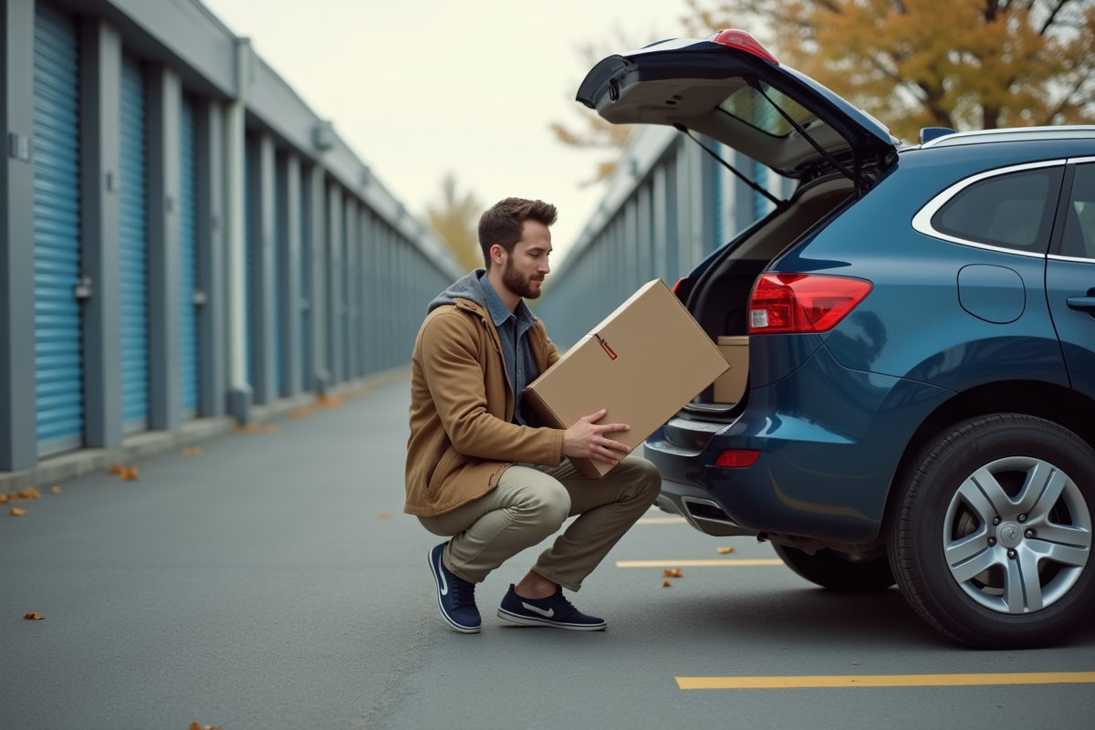Jeune homme manipulant une boîte dans un parking extérieur