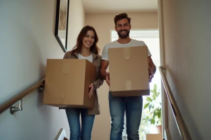 Jeune couple portant des cartons dans un appartement moderne