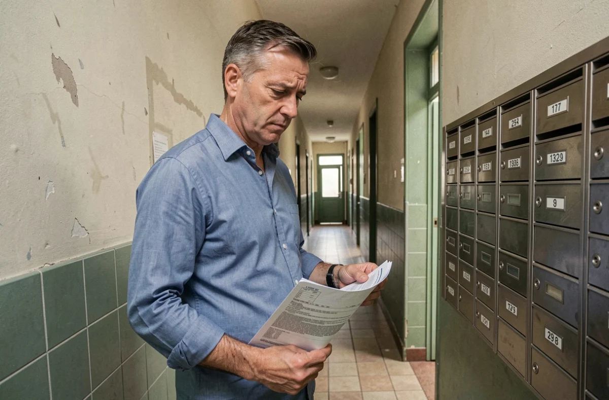Locataire tenant un dossier de bail dans le couloir d'un immeuble résidentiel face à la hausse des loyers