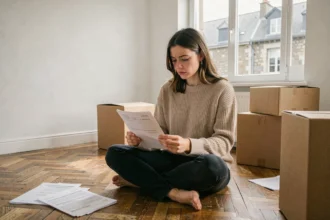 Jeune femme lisant un contrat de location dans un appartement vide à Concarneau entourée de cartons de déménagement