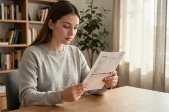 Jeune femme locataire lisant son justificatif d'assurance habitation à son bureau