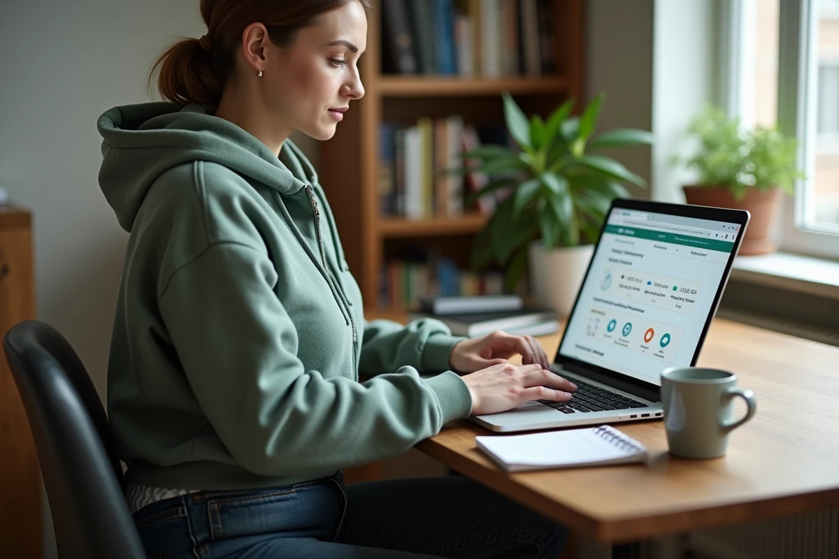 Jeune locataire suivant ses interventions et travaux en ligne via le portail My Foncia sur ordinateur portable