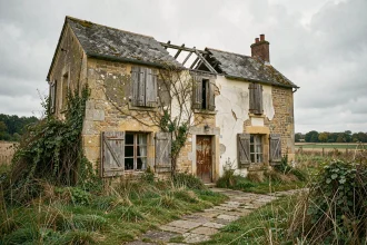 Maison abandonnée en pierre dans la campagne française avec végétation envahissante et façade dégradée