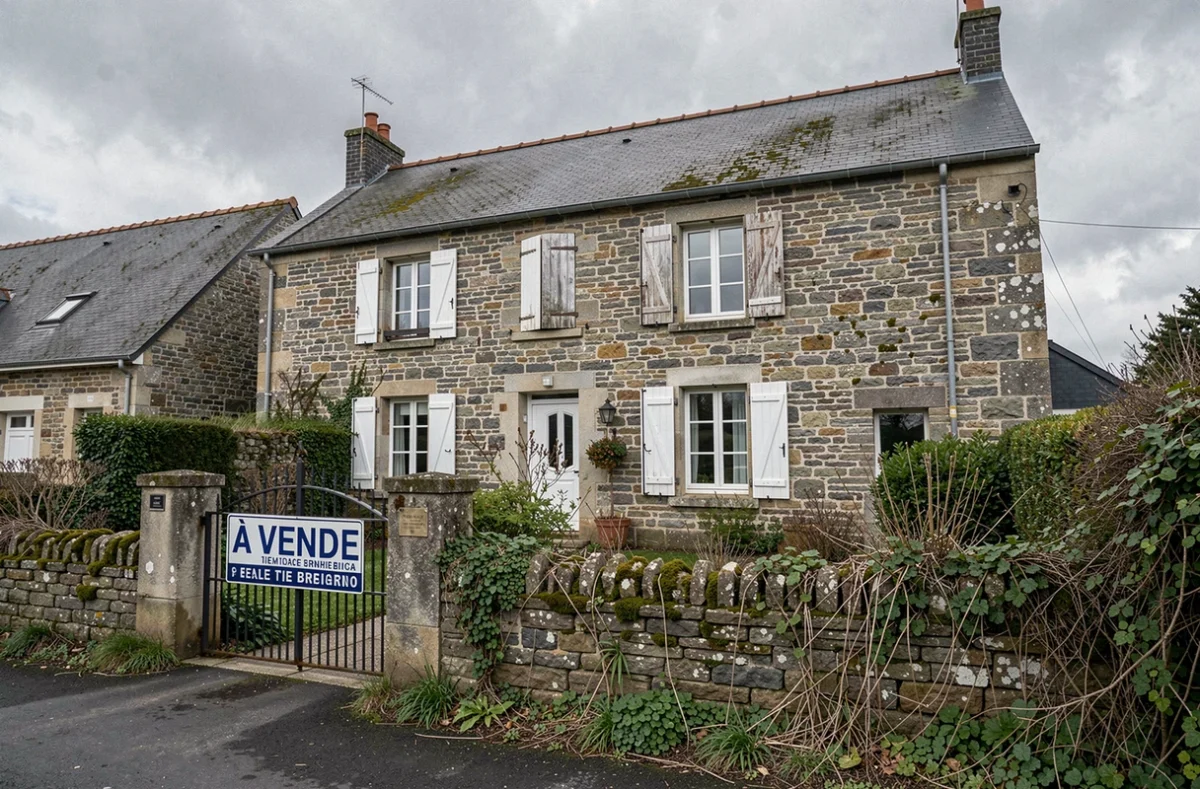 Maison bretonne en pierre à vendre en Morbihan avec panneau À Vendre, bien immobilier mis en vente lors d'un divorce