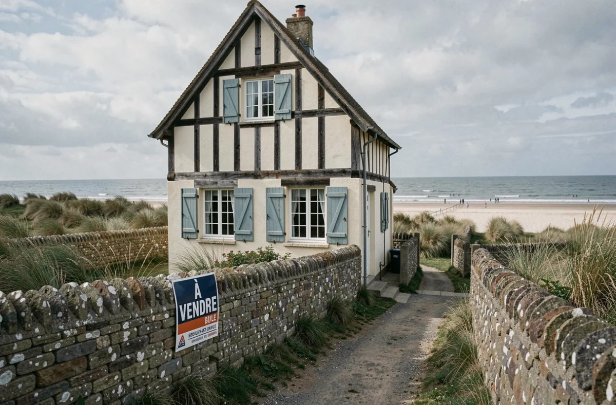 Maison normande à colombages à vendre près de la plage avec panneau immobilier en Normandie