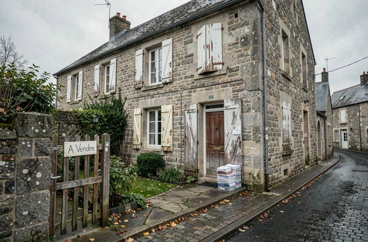 Maison en pierre bretonne avec panneau À Vendre devant le portail et jardin négligé, illustrant une vente immobilière urgente dans le Finistère suite à un divorce