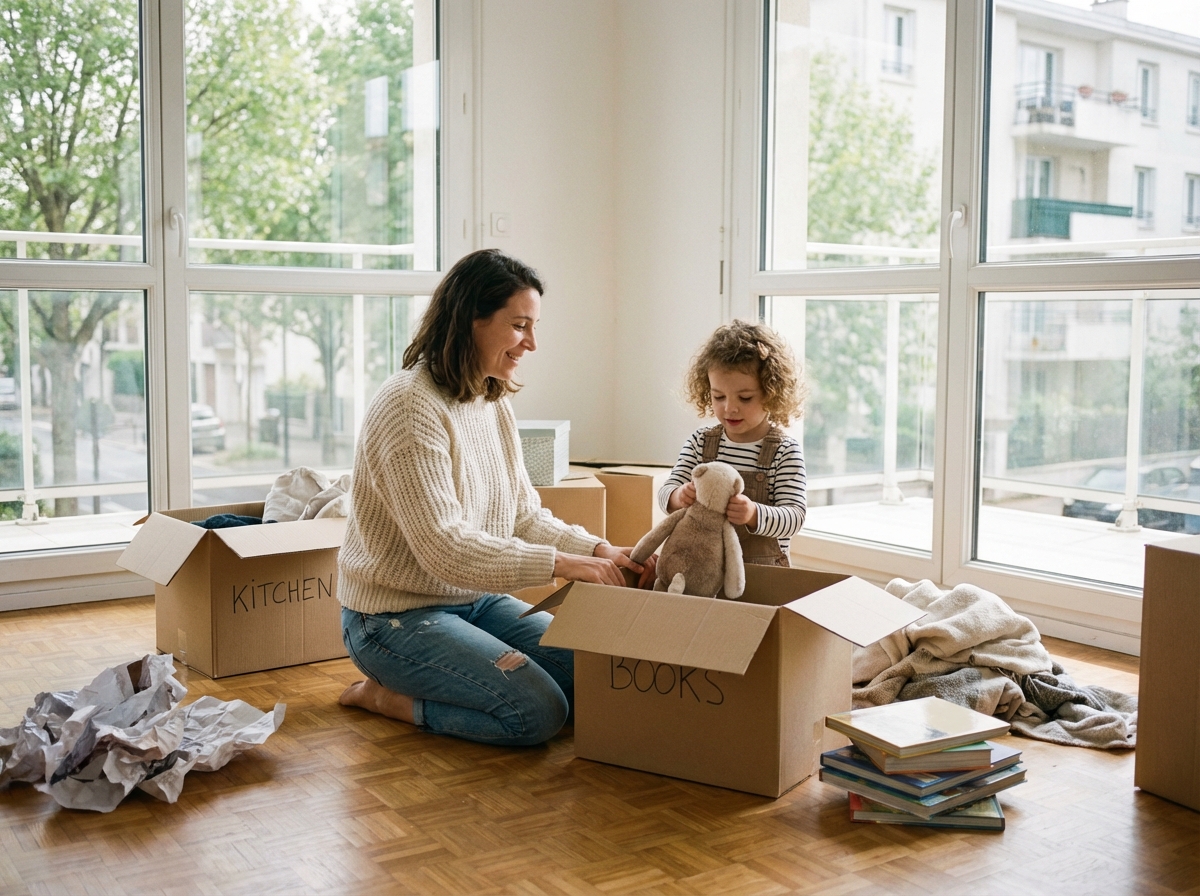 Maman déballant des cartons avec sa fille dans un appartement