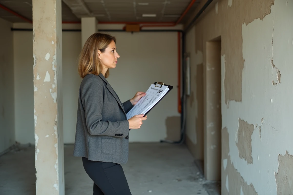 Marchande de biens évaluant un appartement à rénover avec une estimation des frais
