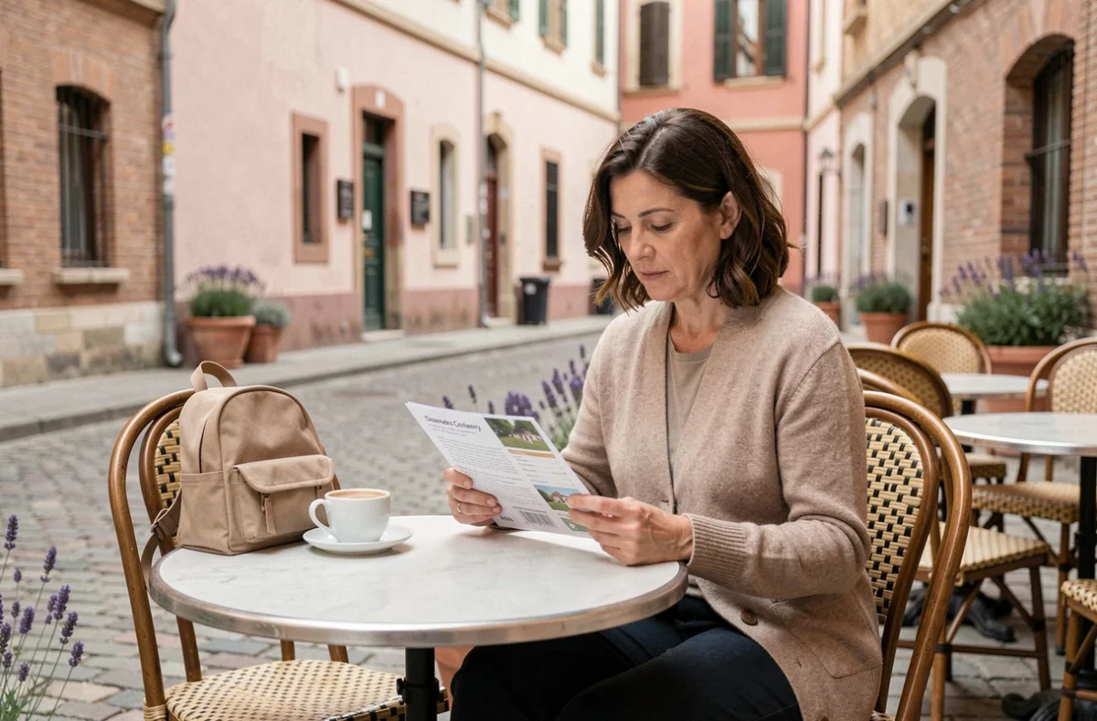 Mère de famille consultant des informations sur le quartier Montaudran-Lespinet en terrasse d'un café à Toulouse