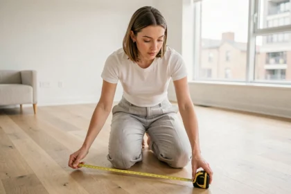 Femme mesurant la superficie d'un salon vide avec un mètre ruban jaune sur parquet en chêne