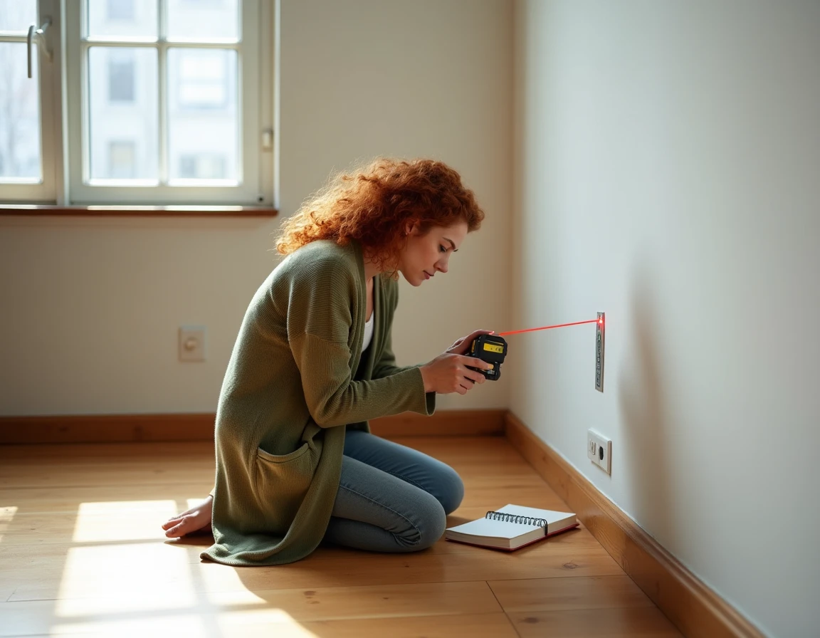 Femme mesurant la surface d'une pièce vide à la main avec un télémètre laser et un carnet de notes