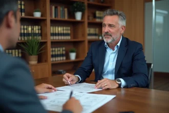 Négociateur immobilier et client examinant des documents de vente chez un notaire