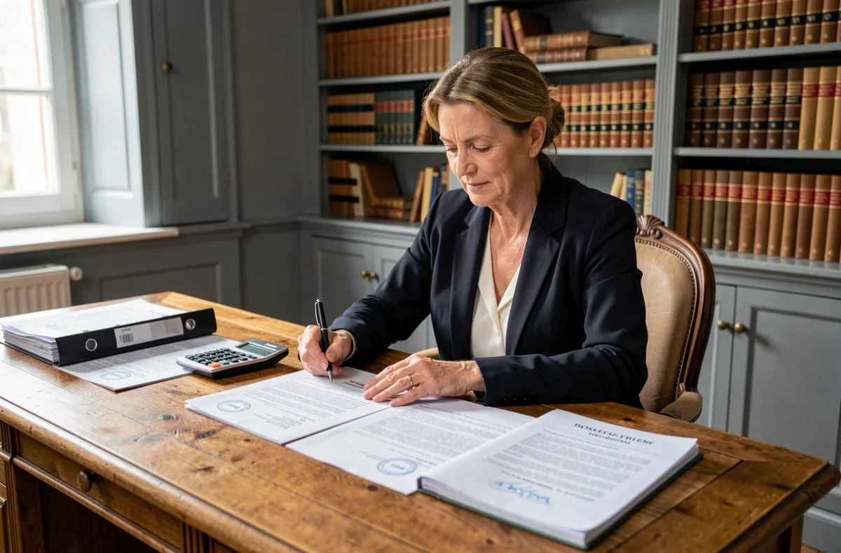 Notaire française examinant un dossier de crédit immobilier lors d'une vente de maison pour cause de divorce en Morbihan