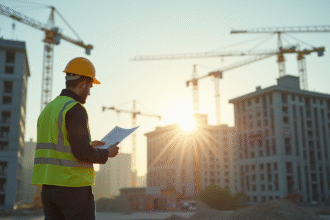Ouvrier en casque jaune vérifiant des documents d'assurance sur un chantier