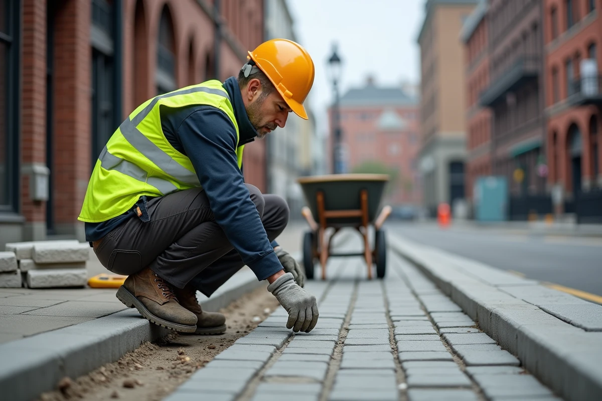 Ouvrier municipal inspectant les nouveaux bordures en granit lors des travaux d'aménagement de l'avenue de l'industrie