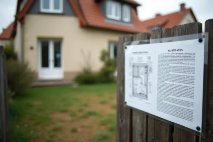 Panneau de déclaration préalable de travaux affiché sur une clôture en bois devant une maison en rénovation