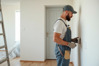 Peintre en overalls prépare un mur dans un salon moderne