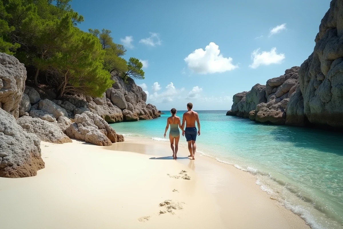 Plage privée et confidentielle accessible depuis une villa de location à Saint-Barthélemy avec couple se promenant au bord de l'eau