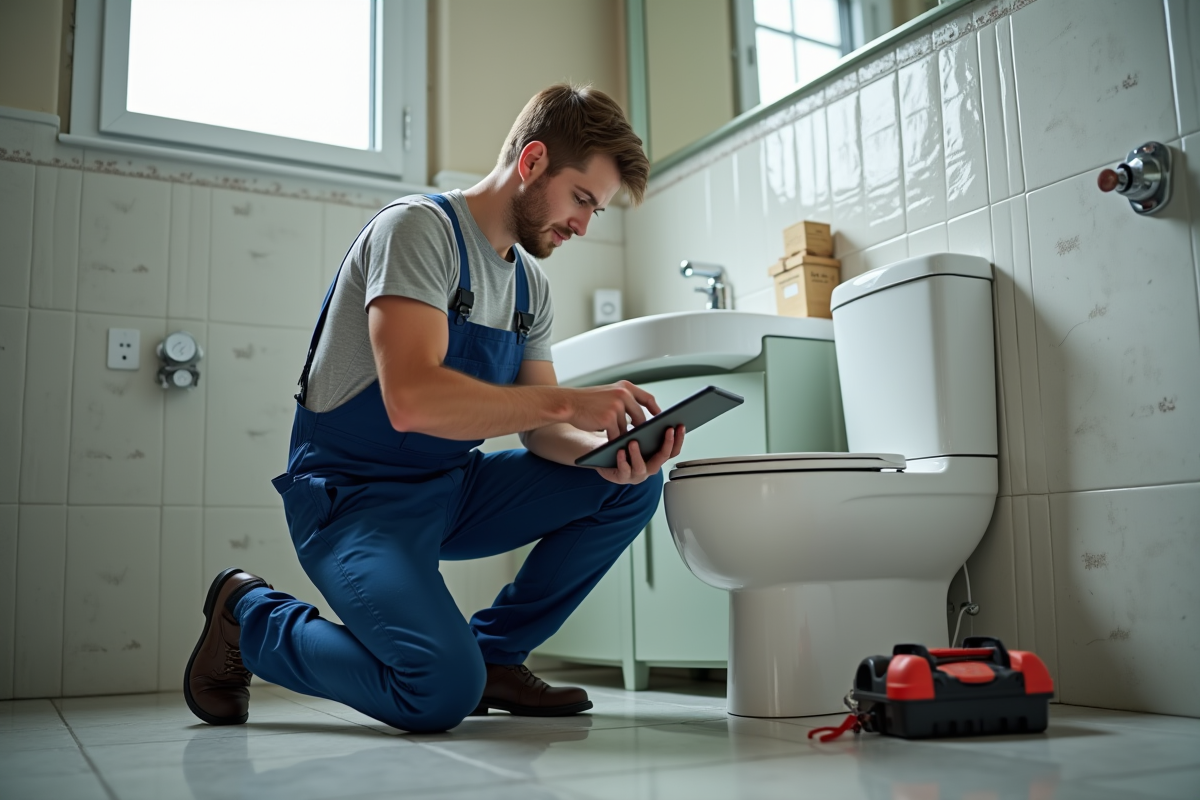 Plombier jeune inspectant une fuite de toilette dans la salle de bain