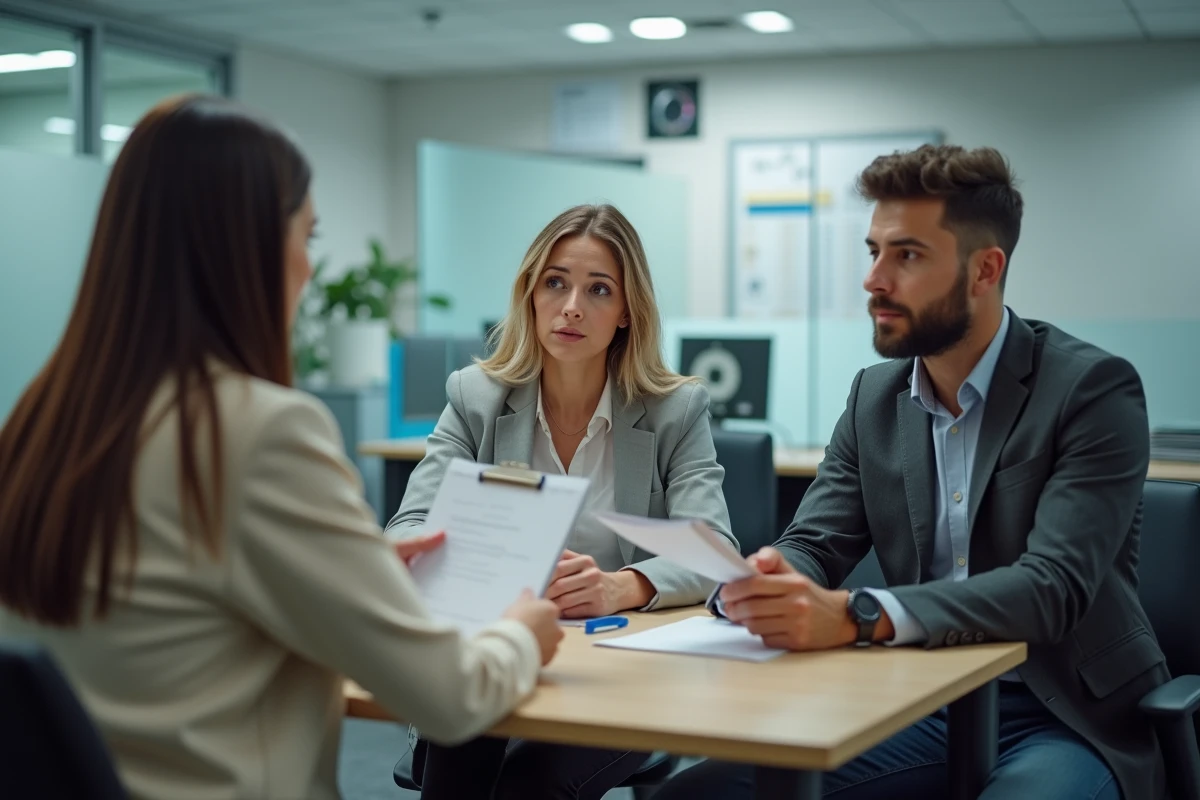Deux locataires discutant du préavis réduit avec un agent immobilier dans une agence
