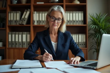 Femme préparant des documents juridiques avant un rendez-vous notaire conseil gratuit