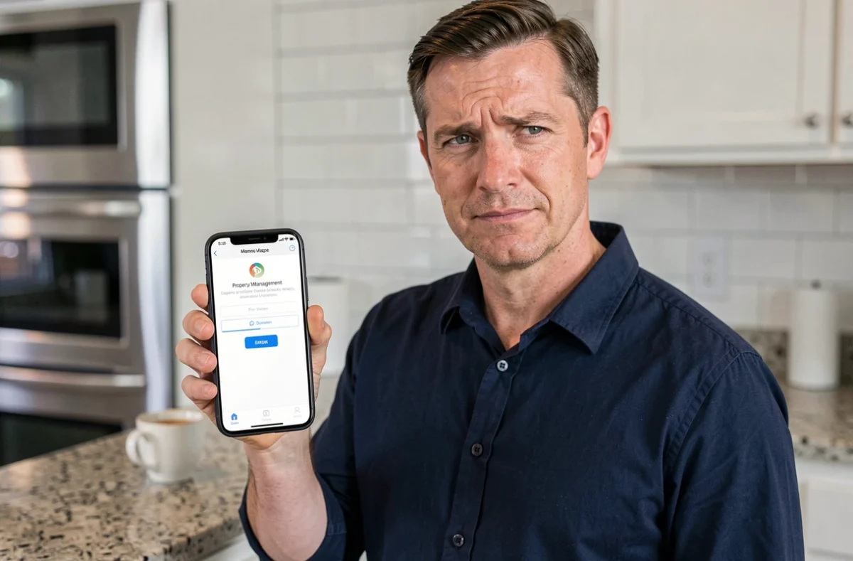 Homme consultant son smartphone pour résoudre un problème de connexion à son espace propriétaire en ligne