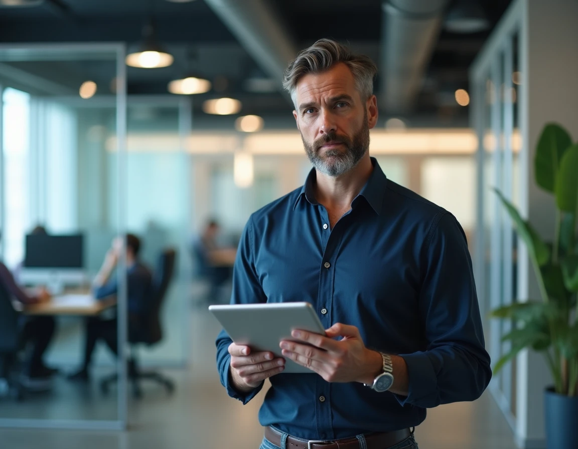 Professionnel consultant des avis Bim vup sur une tablette dans un bureau moderne en open space