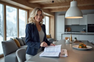 Propriétaire d'appartement aux Menuires consultant des documents immobiliers avec vue sur les Alpes enneigées