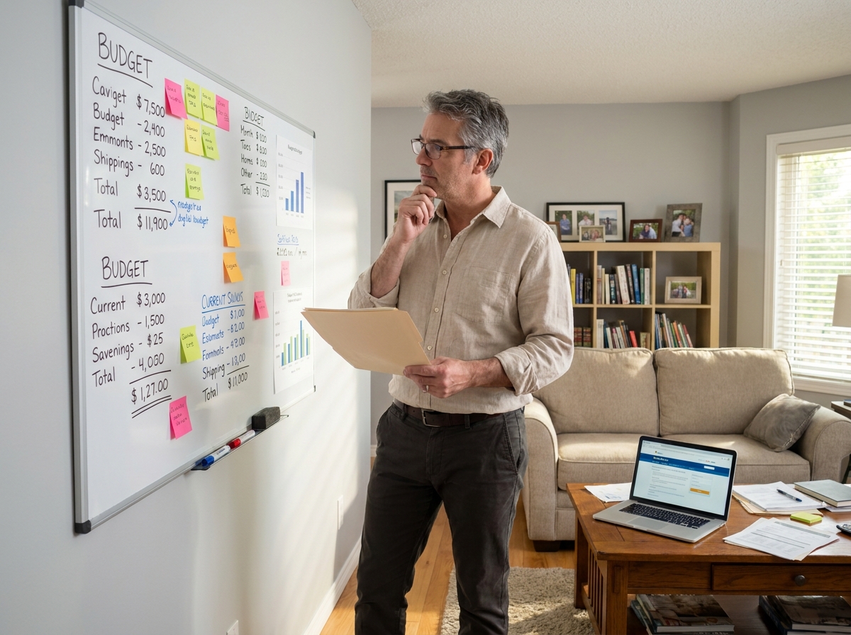 Propriétaire analysant son budget immobilier et ses options de regroupement de crédits dans son salon avec tableau de calculs
