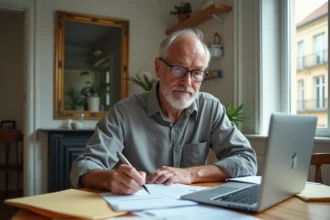 Propriétaire consultant des documents fiscaux sur sa taxe de logement vacant à son bureau à domicile