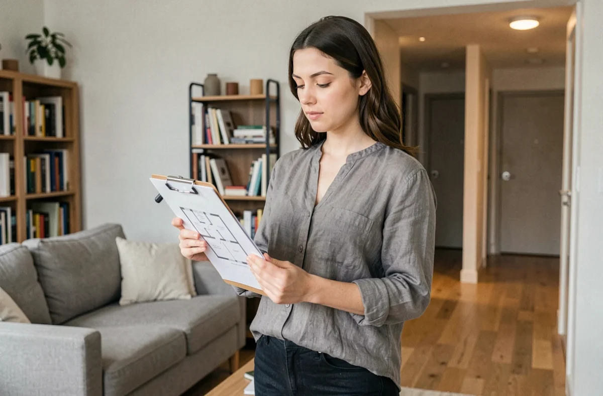 Propriétaire étudiant le plan d'un appartement T3 pour évaluer la conformité des chambres avant une mise en location Airbnb