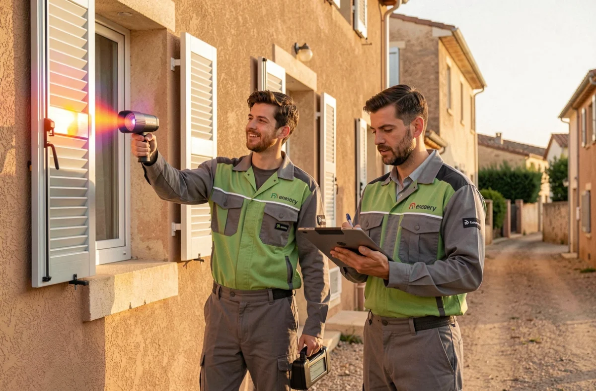 Équipe de Provence Eco Energie réalisant un audit énergétique global sur une maison dans le Var