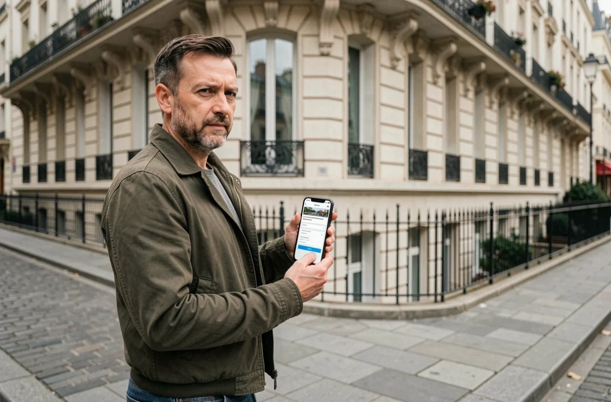 Homme consultant le registre foncier sur smartphone devant un immeuble en copropriété pour rechercher les informations du propriétaire d'une parcelle