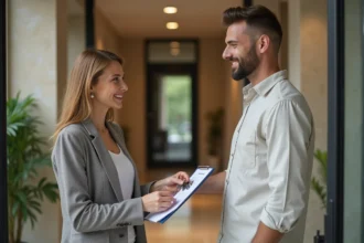 Propriétaire remettant les clés en main propre à un locataire avec attestation à signer dans un hall d'immeuble moderne