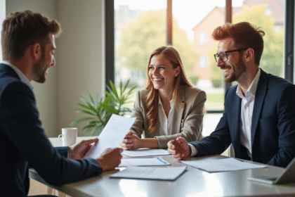 Jeune couple rencontrant un banquier dans une banque moderne