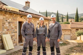 Équipe de professionnels en rénovation énergétique devant une maison provençale dans le Var